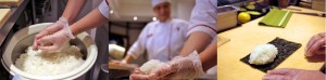 Step by step photos of a Benihana chef shaping sushi rice by hand before placing it onto seaweed for rolls