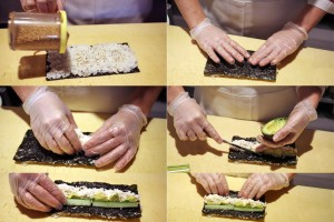 Step by step photos of gloved hands spreading rice, adding fillings and rolling a California Roll on the sushi bar.
