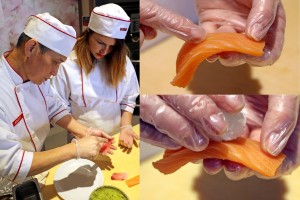Chef Andy at Benihana teaching a guest how to shape salmon nigiri, with close up shots of forming fish over sushi rice