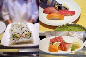 California roll, assorted nigiri and sashimi platters prepared at the Benihana sushi bar