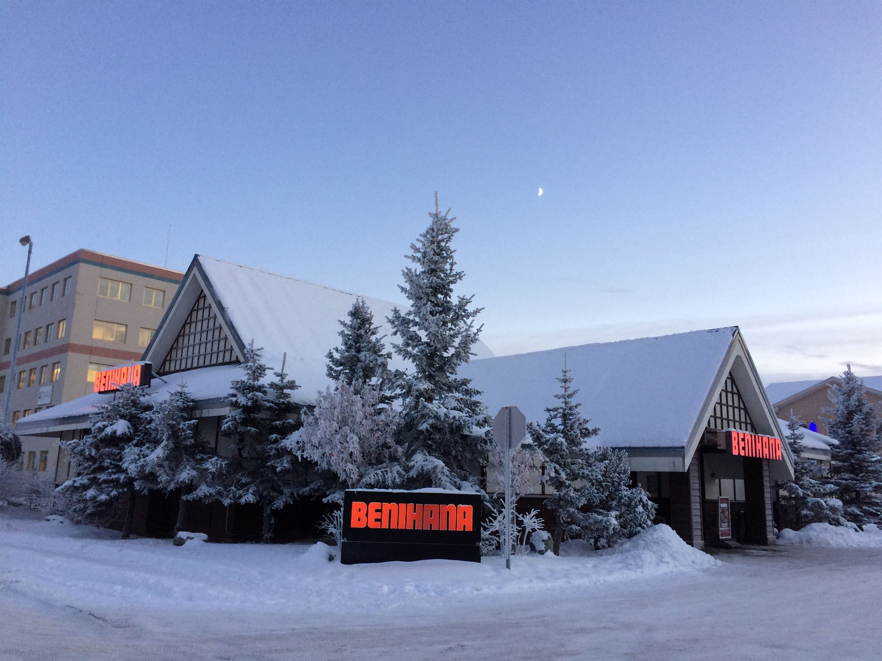 
                    a building with trees in the snow