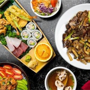 An overhead view of some of the many delicious and affordable lunches available at Benihana.